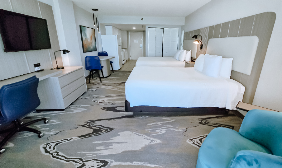 enlarged view of guest room and beds